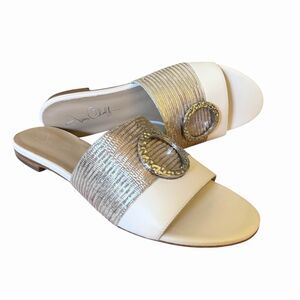 Joan Oloff Margo Slide Sandals Size 11M Ivory & Metallic Leather Ring Detail NEW
